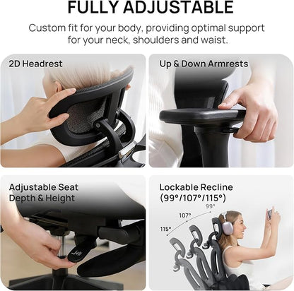 CabLady S1 High Back Ergonomic Mesh Office Chair with Footrest, 300 lbs | 115° Recline Lock, Adjust Seat Depth, 2D Arms, 3D Headrest, Detachable Lumbar Support, Breathable Mesh, BIFMA, Black