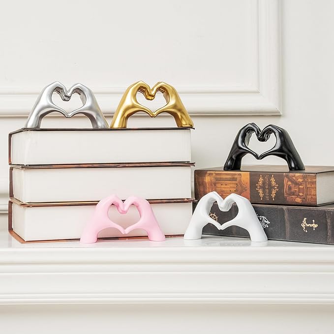 Small Heart Hands Sculpture Decor for Living Room Bedroom Bookshelf Coffe Table and Office Display, Love Finger Statue Modern Aesthetic Home Decor, Unique Gift for Wedding Christmas Birthday (White)