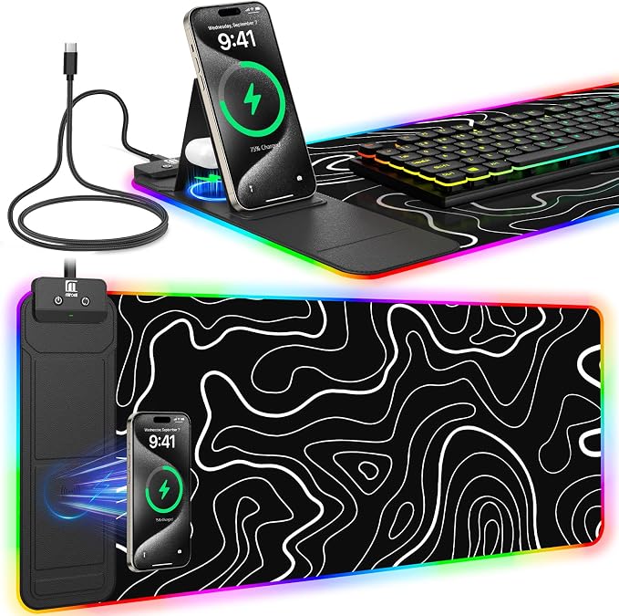 RGB Mouse Pad with Foldable Phone Stand Wireless Charger, 31.5"x11.8" XL Gaming Mousepad Large Desk Mat, Desk Pad with 11 Colors 5 Modes, Waterproof