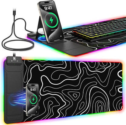 RGB Mouse Pad with Foldable Phone Stand Wireless Charger, 31.5"x11.8" XL Gaming Mousepad Large Desk Mat, Desk Pad with 11 Colors 5 Modes, Waterproof