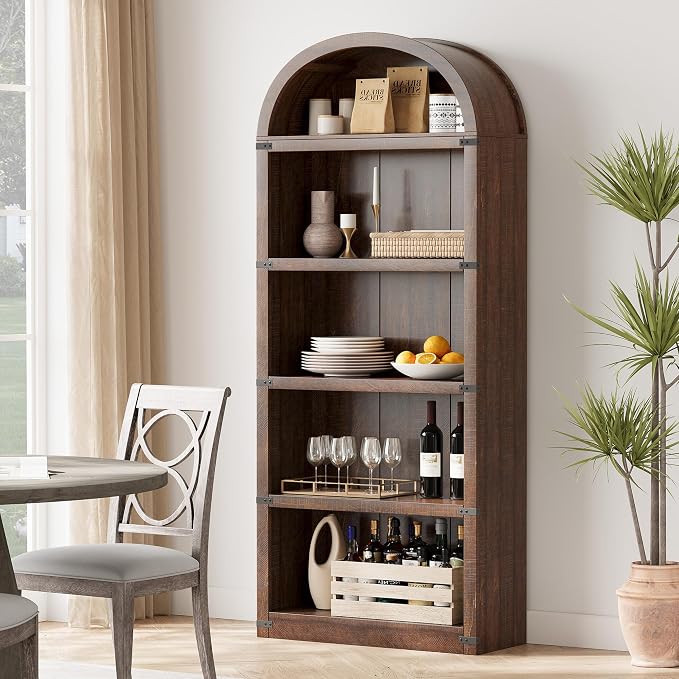 GarveeHome Bookcase 5 Shelf Arched Bookshelf 71.65in Tall Bookcase Farmhouse Display Storage Rack Wooden Bookshelves for Home Office, Living Room (Brown)