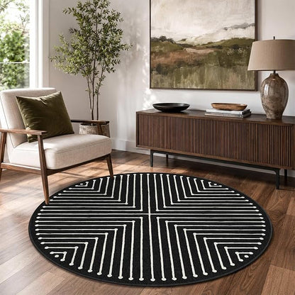 Latte&Fog Round Rug Washable Modern Non Slip Circle Area Rug (4ft Round) | For Living Room Bedroom Dining Room Entrance and Hallway, Washable, Non Slip, Modern Style, Low Pile, Indigo Black 4ft Round