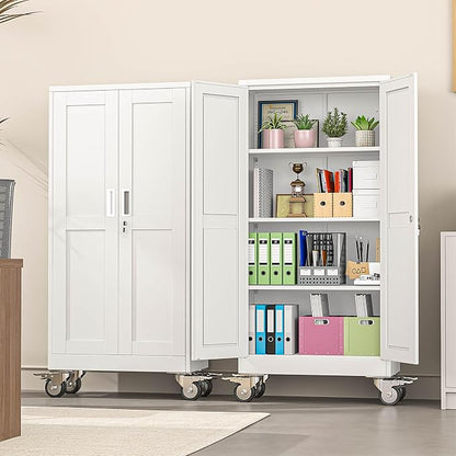winiowa 61" Tall Metal Garage Storage Cabinet with Wheels, Steel Locking Rolling Tool Cabinet with 3 Adjustable Shelves for Garage,Home,Office (White)