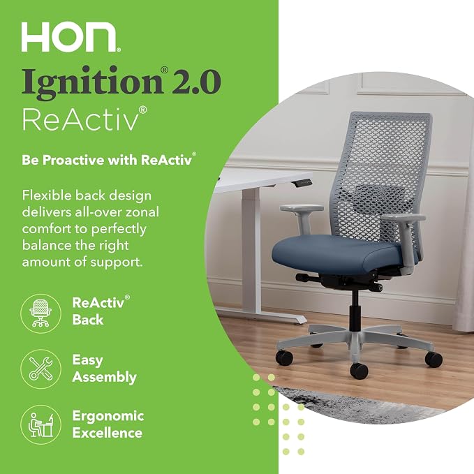 HON Ignition 2.0 ReActiv Ergonomic Office Chair, Mesh Desk Chair with Lumbar Support, Advanced Synchro‑Tilt, Height and Width Adjustable Arms, Swivel Wheels, Titanium Frame, Ocean