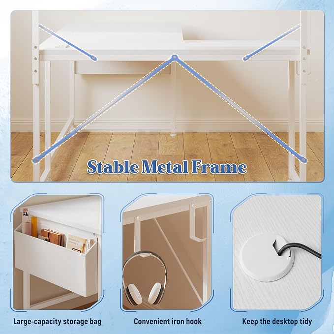 DurayLoly 53 Inch L Shaped Desk Computer Desk with LED Light & 5 Power Outlet, Reversible White Desk with Shelf & Storage Bag & Hook White Vanity Desk for Home Office, White