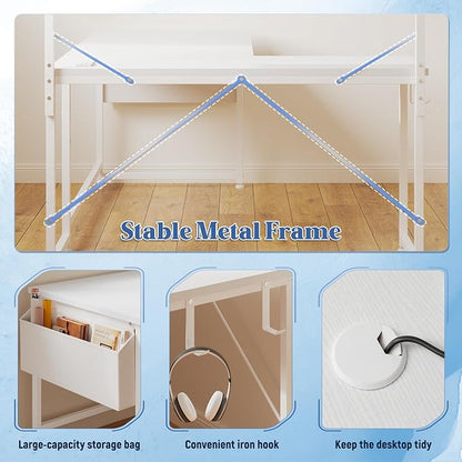 DurayLoly 53 Inch L Shaped Desk Computer Desk with LED Light & 5 Power Outlet, Reversible White Desk with Shelf & Storage Bag & Hook White Vanity Desk for Home Office, White