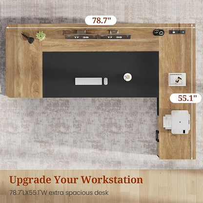 UPOSOJA 78.7" Executive Desk, Large Office Desk with Drawers & Storage Shelves, Modern L Shaped Computer Desk Corner Desk with Power Outlets, File Cabinet, Business Furniture Desk Workstation (Oak)