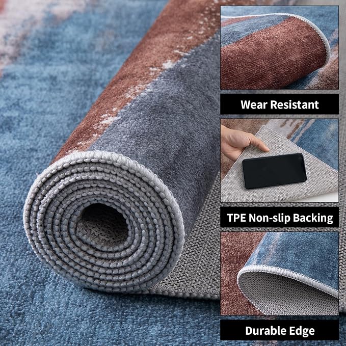 Ciicool Modern Abstract Area Rug 2x3 Washable Small Entryway Rugs,Blue Brown Non-Slip Low Pile Throw Entry Rug, Foldable Kitchen Bathroom Rugs Floor Carpet for Entrance Bedroom Indoor Doormat