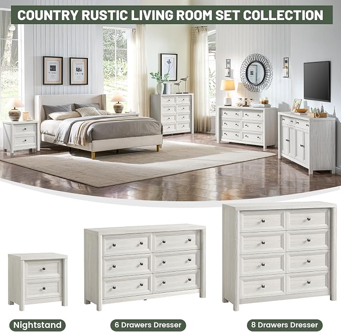 Standifurno White Night Stand with Drawers, Rustic Washed White Nightstand, Farmhouse Bed Side Table for Bedroom, Bedside End Table for Living Room, Bedroom Furniture, Large Storage Wood Nightstand