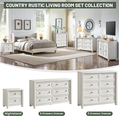 Standifurno White Night Stand with Drawers, Rustic Washed White Nightstand, Farmhouse Bed Side Table for Bedroom, Bedside End Table for Living Room, Bedroom Furniture, Large Storage Wood Nightstand
