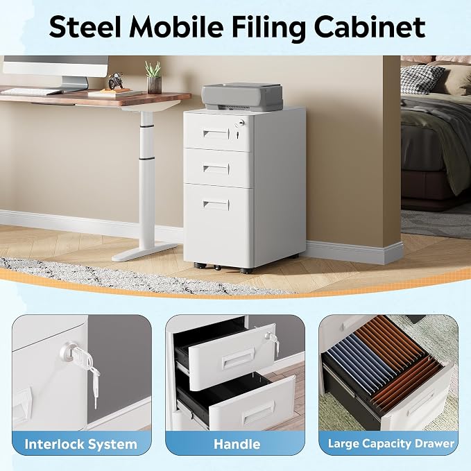 DEVAISE 3-Drawer File Cabinet, White Locking File Cabinet on Wheels, Fully Assembled Mobile Filing Cabinet for Office, 17.7" D x 11.8" W x 22.8" H