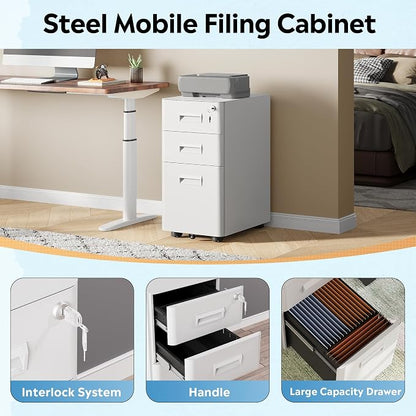 DEVAISE 3-Drawer File Cabinet, White Locking File Cabinet on Wheels, Fully Assembled Mobile Filing Cabinet for Office, 17.7" D x 11.8" W x 22.8" H