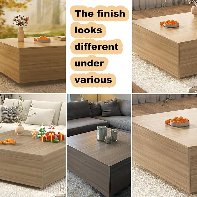 47 Inch Large Square Coffee Table with Storage,Modern Wooden Coffee Tables with 2 Drawers Storage for Living Room,Mid Century Tea Table/Aesthetic Coffee Table Center Table for Home Office(Oak)