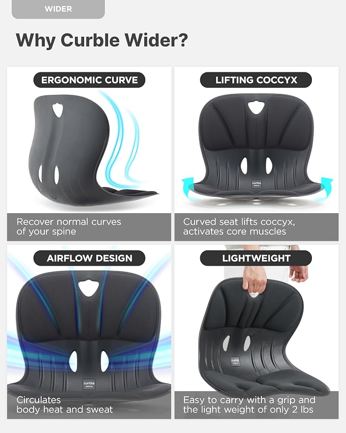 curble Wider 2 Pack – Ergonomic Desk Chair Seat Cushion, Everyday Passive Posture Trainer for Work from Home, Office & Car, Breathable Lumbar Support (Black)