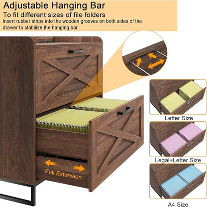 2 Drawer Lateral File Cabinet, Filing Cabinet with Charging Station for Letter/Legal/A4 Size Hanging Files, Modern Farmhouse File Cabinet for Home Office, Printer Stand with Storage, Dark Walnut