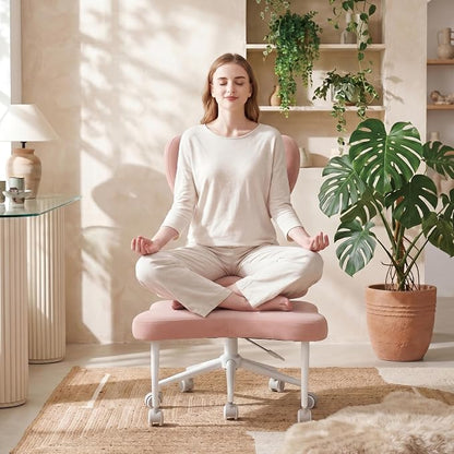 Cross Legged Office Chair with Wheels, 360 Swivel Height-Adjustable Meditation Chair with Lumbar Support, Pink