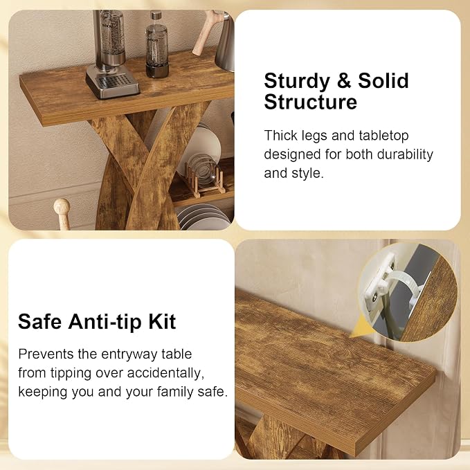 55 inch Sofa Table Behind Couch, 3-Tier Narrow Entryway Table with Storage, Wood Grain X-Shaped Console Tables for Living Room, Hallway, Foyer, Home Office