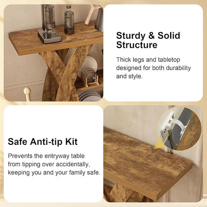 55 inch Sofa Table Behind Couch, 3-Tier Narrow Entryway Table with Storage, Wood Grain X-Shaped Console Tables for Living Room, Hallway, Foyer, Home Office