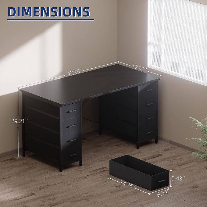 Pamray 47 Inch Computer Desk with 8 Fabric Drawers PC Gaming Desk Home Office Study Work Writing Table for Bedroom Vintage