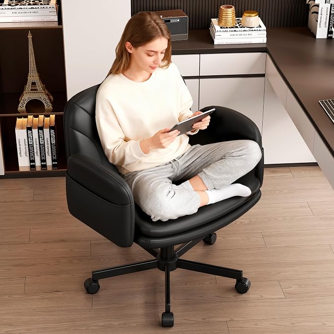 Vonesse Criss Cross Office Chair with Wheels & Armrests, Height Adjustable Vanity Chair, Makeup Chairs with Side Pockets Design, Comfortable Computer Desk Chairs for Home (PU Leather,Black)