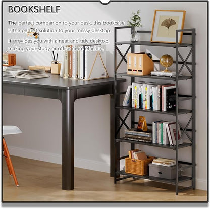 4NM 5 Tiers No Assembly Book Shelves, 51.2" H Folding Bookshelf Bookcase Open Industrial Foldable Shelves for Bedroom, Living Room, Home Office - All Black