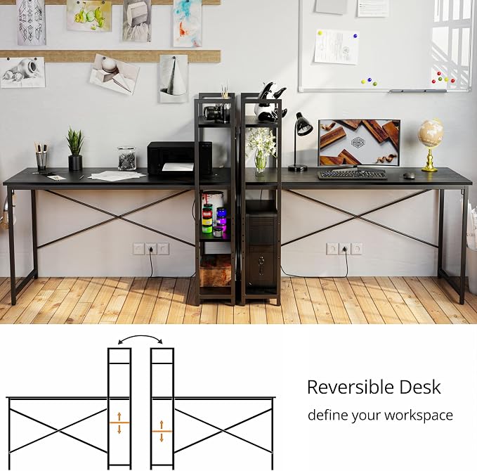 IRONCK Computer Desk 55" with Power Outlet and Storage Shelves, Study Writing Table with USB Ports Charging Station, PC Desk Workstation for Home Office, Black