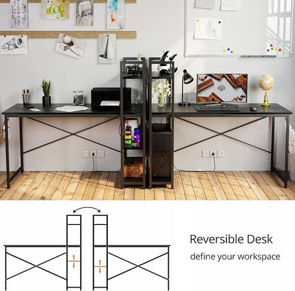 IRONCK Computer Desk 55" with Power Outlet and Storage Shelves, Study Writing Table with USB Ports Charging Station, PC Desk Workstation for Home Office, Black