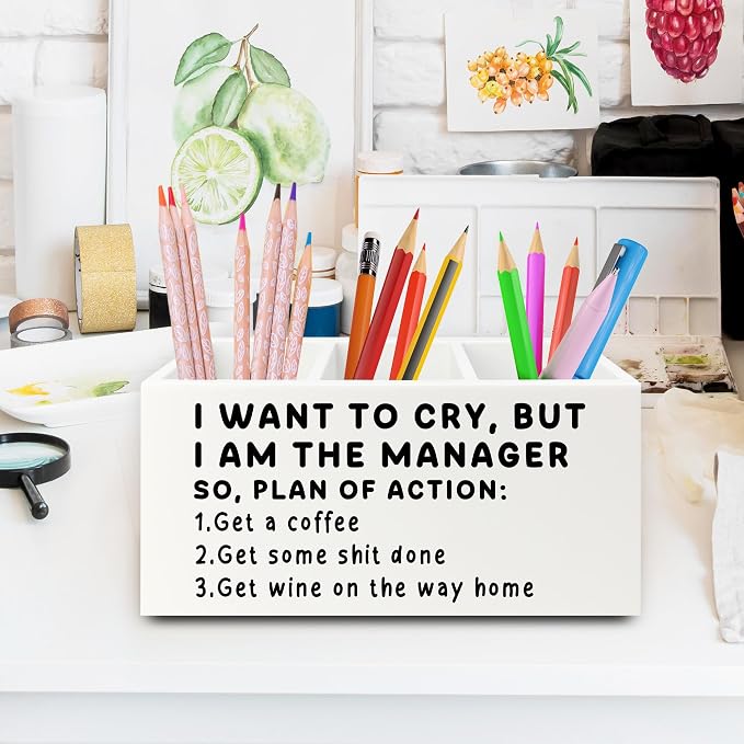Funny Pen Office Pencil Holder Organizer for Desk, Manager Gifts for Women Men, Funny Coworker Gifts Wooden Box Sign for Home Office Desk Tabletop Decorations