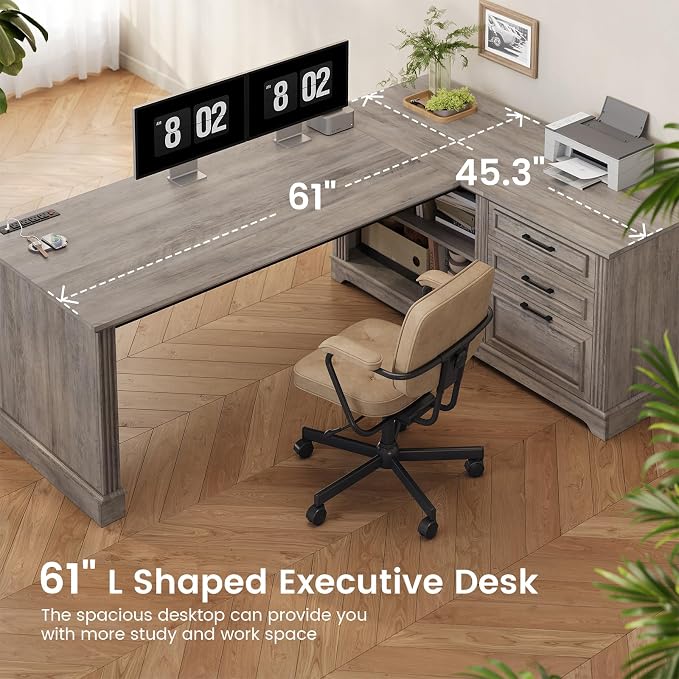 SEDETA Executive Desk, 61" Farmhouse L Shaped Desk with File Drawers, Office Desk with Drawers and Power Outlets, Computer Desk with Storage Shelves for Home Office, Grey