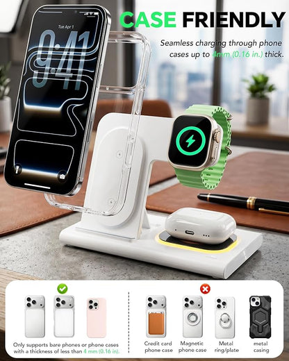 3 in 1 Foldable Charging Station for Apple Products,Wireless Charger for iPhone 17 16 15 14 13 12 Pro Max,Travel Dock Adapter&Light for iWatch Series 11 10 9 Ultra 3/2 SE 3/2,for AirPods 4 3 2 Pro 3/2