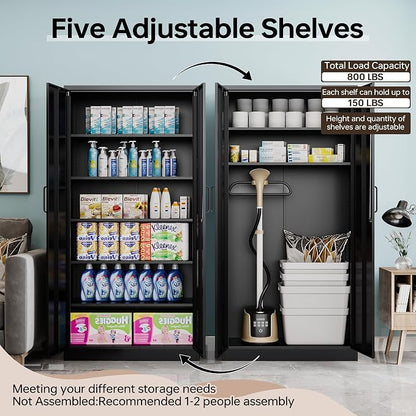 72"H Metal Storage Cabinets, Tall Locking Garage Cabinet with 2 Doors and 5 Adjustable Shelves, Steel Utility Tool Caninet, Black Lockable Outdoor Storage Cabnet for Pantry, Garage, Home Office