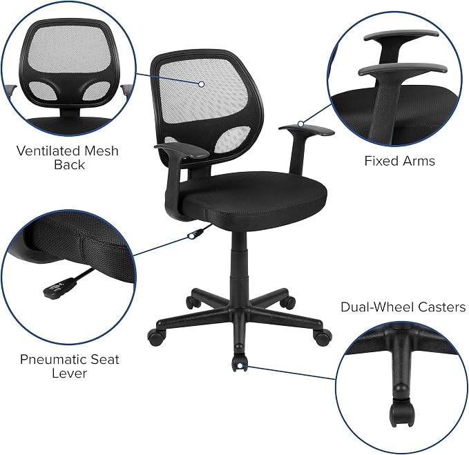 Flash Furniture Flash Fundamentals Mid-Back Black Mesh Swivel Ergonomic Task Office Chair with Arms