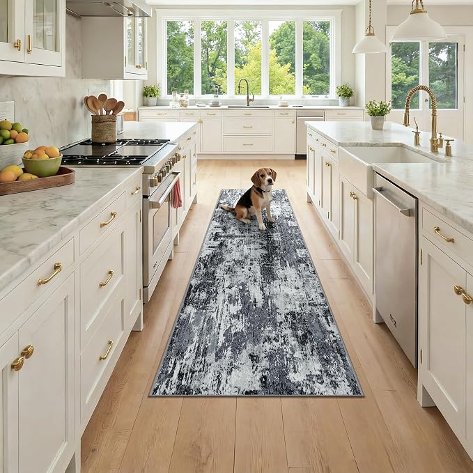 RELEANY Washable Area Rugs 2x7 Non-Slip Modern Abstract Soft for Living Room Entryway Bedroom Kitchen, Print Pattern, Black Navy Blue Gray