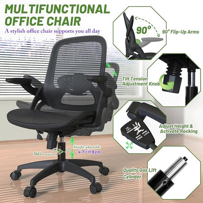 Full Mesh Home Office Desk Chair with Flip Up Arms Height Adjustable Lumbar Support Swivel Wheels for Adult