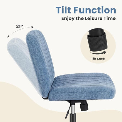 DUMOS Criss Cross Chair No Wheels Legged Office Wide Comfy Desk Vanity Chair, Armless Computer Task Seating, Swivel Home Height Adjustable for Bedroom, Study, Blue Fabric