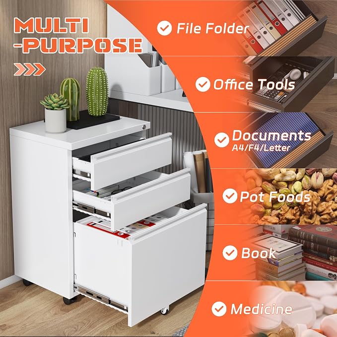 INTERGREAT 3 Drawer Mobile File Cabinet with Lock, Metal Filing Cabinets for Home Office, Rolling Under Desk Organizer for Letters/Legal/A4, (Fully Assembled-White)