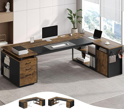 78" Executive Desk with Lockable File Cabinet, L Shaped Office Desk with Power Outlets, Large Executive Desk with Drawers and Storage Shelves, Reversible Computer Desk, Rustic Brown