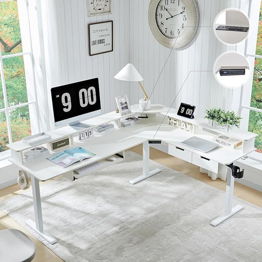 RedLemon 75X60 Inches L Shaped Electric Standing Desk, Height Adjustable Corner Gaming Desk with Drawers, Keyboard Tray, Power Outlets & LED Lights, Computer Desk with Monitor Shelf, Antique White