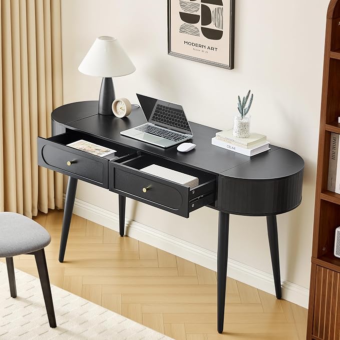 59" Black Home Office Desk, Multiple Storage Wood Writing Desk, MCM Elegant Fluted Table Desk with 2 Flip Hide Storage + 2 Drawer for Apartment (Black)