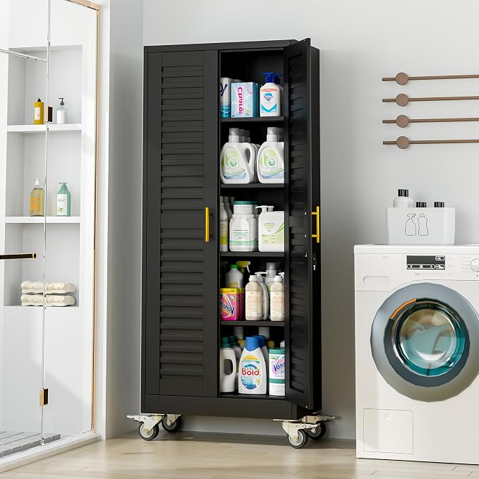 71’’H Metal Garage Storage Cabinet with Wheels, Metal Storage Cabinet with Louvered Doors, Rolling Tool Cabinet with Adjustable Shelves, Large Utility Cabinet for Office,Garage,Kitchen（Black）