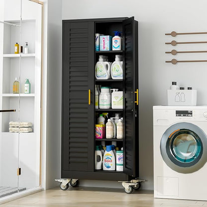 71’’H Metal Garage Storage Cabinet with Wheels, Metal Storage Cabinet with Louvered Doors, Rolling Tool Cabinet with Adjustable Shelves, Large Utility Cabinet for Office,Garage,Kitchen（Black）