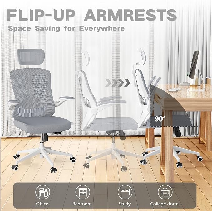 Ergonomic Office Chair - 350LB Comfy Desk Chairs with Adjustable Headrest and Lumbar Back Support, Mesh Computer Chairs with Wheels and Arms for Home Office, Study (Gray-with Headrest)