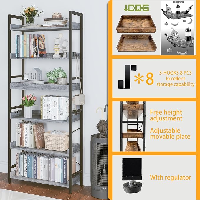 HCHQHS 6 Tier Bookshelf, Adjustable Industrial Bookcase, Vertical Tall Book Shelf, Wood and Black Metal Open Bookshelves for Home Office, Living Room, Bedroom