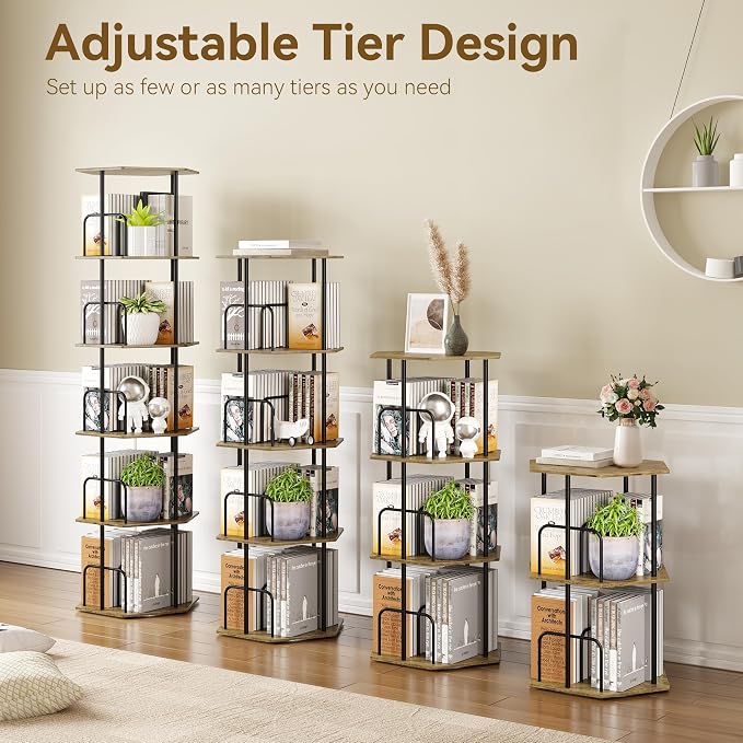 SUNMORY 5 Tier Rotating Bookshelf Tower, Revolving 360 ° Spinning Bookcase, Hexagonal Corner Book Shelf Storage Carousel, Vertical Rotate Turning Organizer Book Shelves for Living Room Office Bedroom