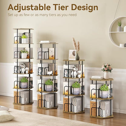 SUNMORY 5 Tier Rotating Bookshelf Tower, Revolving 360 ° Spinning Bookcase, Hexagonal Corner Book Shelf Storage Carousel, Vertical Rotate Turning Organizer Book Shelves for Living Room Office Bedroom