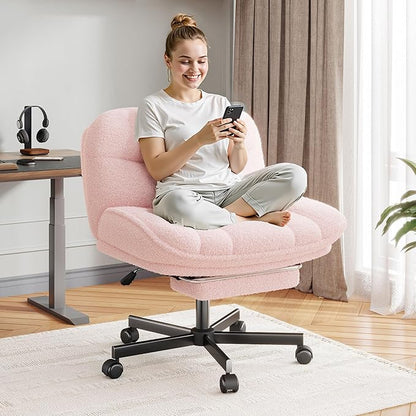 DurayLoly Criss Cross Office Chair with Footrest, 6.3" Thick Cushioned Cross Legged Office Chair with Wheels, Reclining & Height Adjustable, Swivel Armless Vanity Chair for All-Day Comfort (Pink)