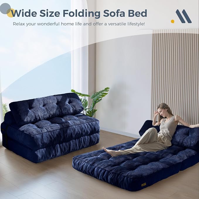 MAXYOYO Folding Sofa Bed, Convertible Chair with Pillow Foldable Couch with Back Support, Portable Fold Out Chair Bed Comfy Floor Sofa Lounge for Living Room Bedroom, Navy Double