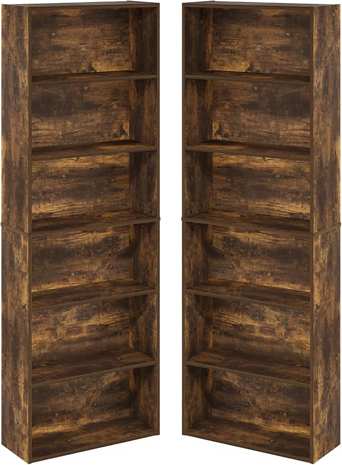 Furinno Jaya Book Shelf Set of 2, 6-Tier Bookshelf, Bookcase, 9.5 x 24.6 x 71, for Home Office, Living Room, Amber Pine