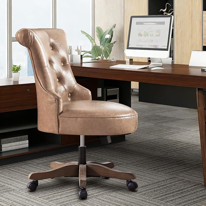 HUIMO Home Office Chair Upholstered Faux Leather PU Armless Desk Chair with Wheels Adjustable Height Computer Desk Chair with Wooden Legs Comfortable Swivel Chair for Study Studio (Light Brown)