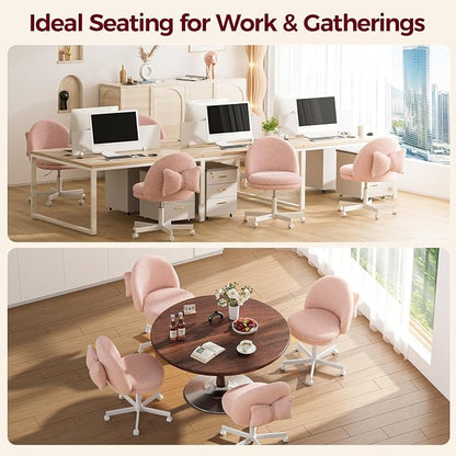 GTPLAYER Velvet Tall Office Chair with Wheels Vanity Chairs with Back, Versatile Height Use: Office to Bar Stools Small Ergonomic Comfy Armlees Computer Desk Chair with Bow Lumbar Pillow for Gift